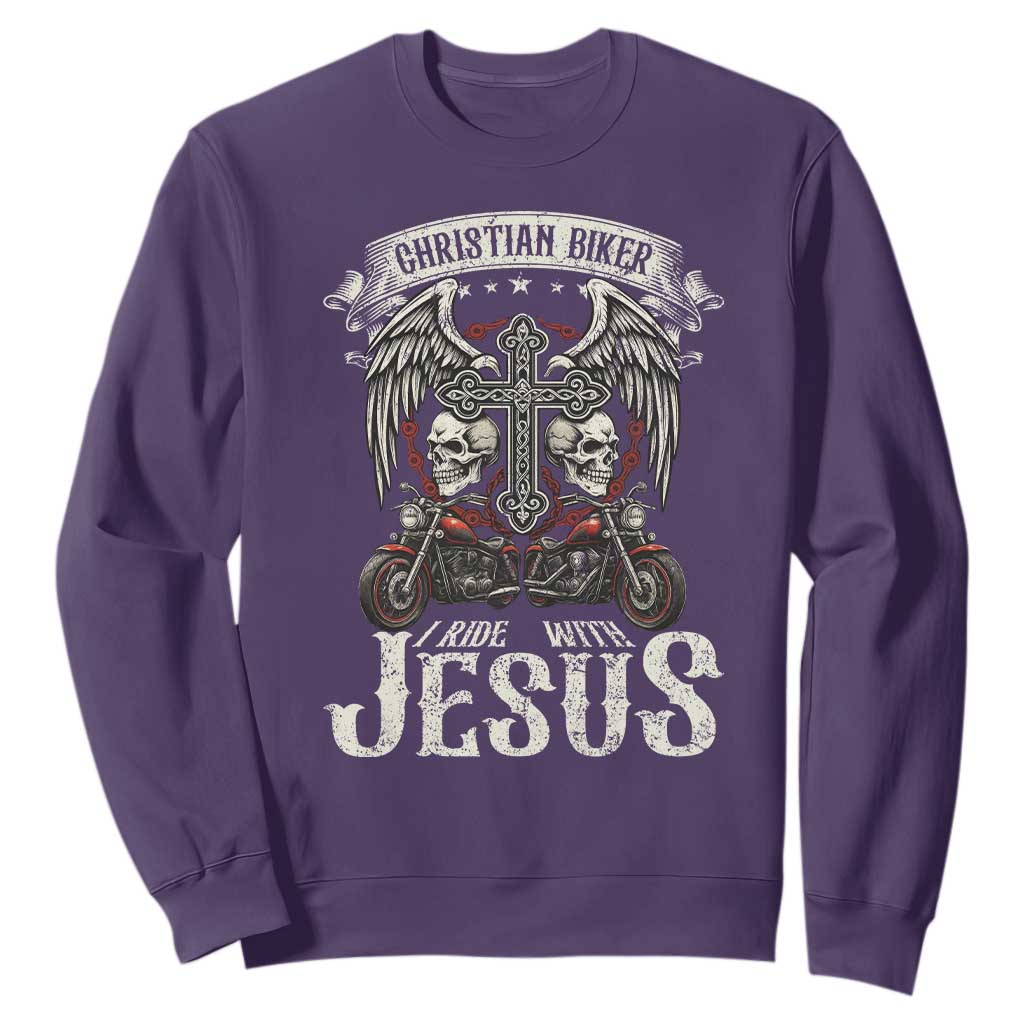 Christian Biker I Ride With Jesus Sweatshirt Religious Faith Motorcycle Rider Skull TS11 Purple Print Your Wear