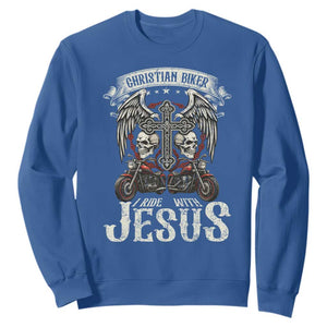 Christian Biker I Ride With Jesus Sweatshirt Religious Faith Motorcycle Rider Skull TS11 Royal Blue Print Your Wear