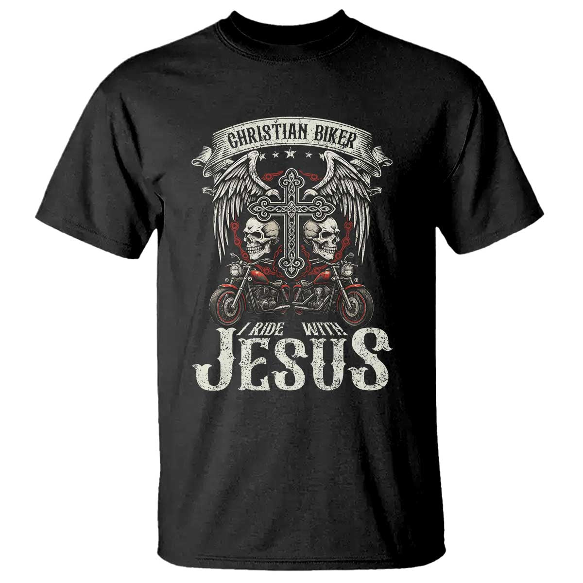 Christian Biker I Ride With Jesus T Shirt Religious Faith Motorcycle Rider Skull TS11 Black Print Your Wear
