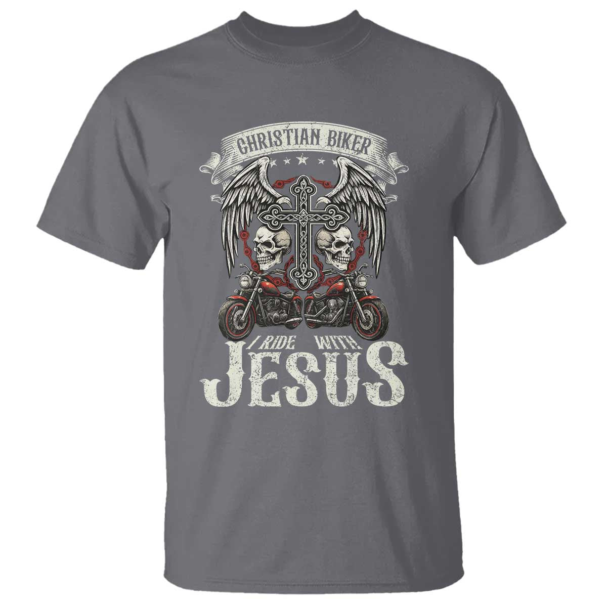 Christian Biker I Ride With Jesus T Shirt Religious Faith Motorcycle Rider Skull TS11 Charcoal Print Your Wear