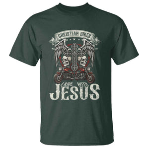 Christian Biker I Ride With Jesus T Shirt Religious Faith Motorcycle Rider Skull TS11 Dark Forest Green Print Your Wear