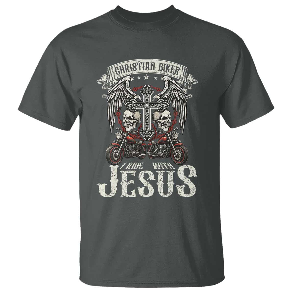 Christian Biker I Ride With Jesus T Shirt Religious Faith Motorcycle Rider Skull TS11 Dark Heather Print Your Wear
