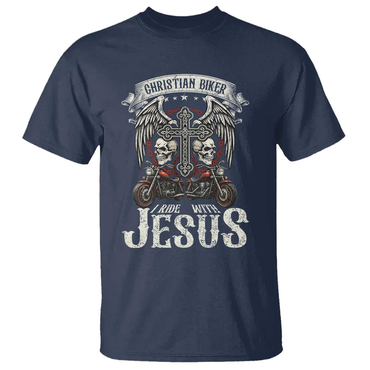 Christian Biker I Ride With Jesus T Shirt Religious Faith Motorcycle Rider Skull TS11 Navy Print Your Wear