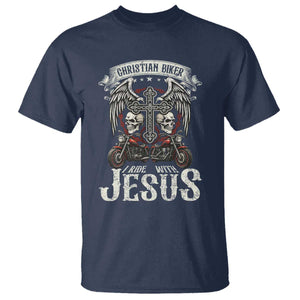 Christian Biker I Ride With Jesus T Shirt Religious Faith Motorcycle Rider Skull TS11 Navy Print Your Wear