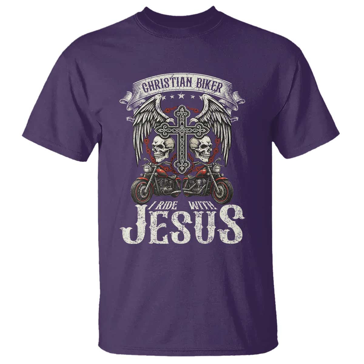Christian Biker I Ride With Jesus T Shirt Religious Faith Motorcycle Rider Skull TS11 Purple Print Your Wear