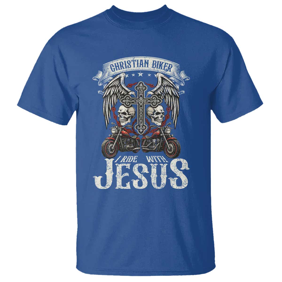 Christian Biker I Ride With Jesus T Shirt Religious Faith Motorcycle Rider Skull TS11 Royal Blue Print Your Wear