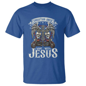 Christian Biker I Ride With Jesus T Shirt Religious Faith Motorcycle Rider Skull TS11 Royal Blue Print Your Wear