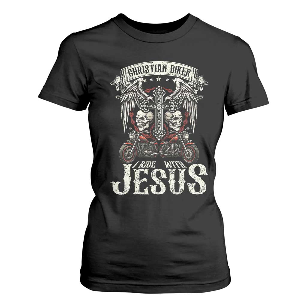 Christian Biker I Ride With Jesus T Shirt For Women Religious Faith Motorcycle Rider Skull TS11 Black Print Your Wear