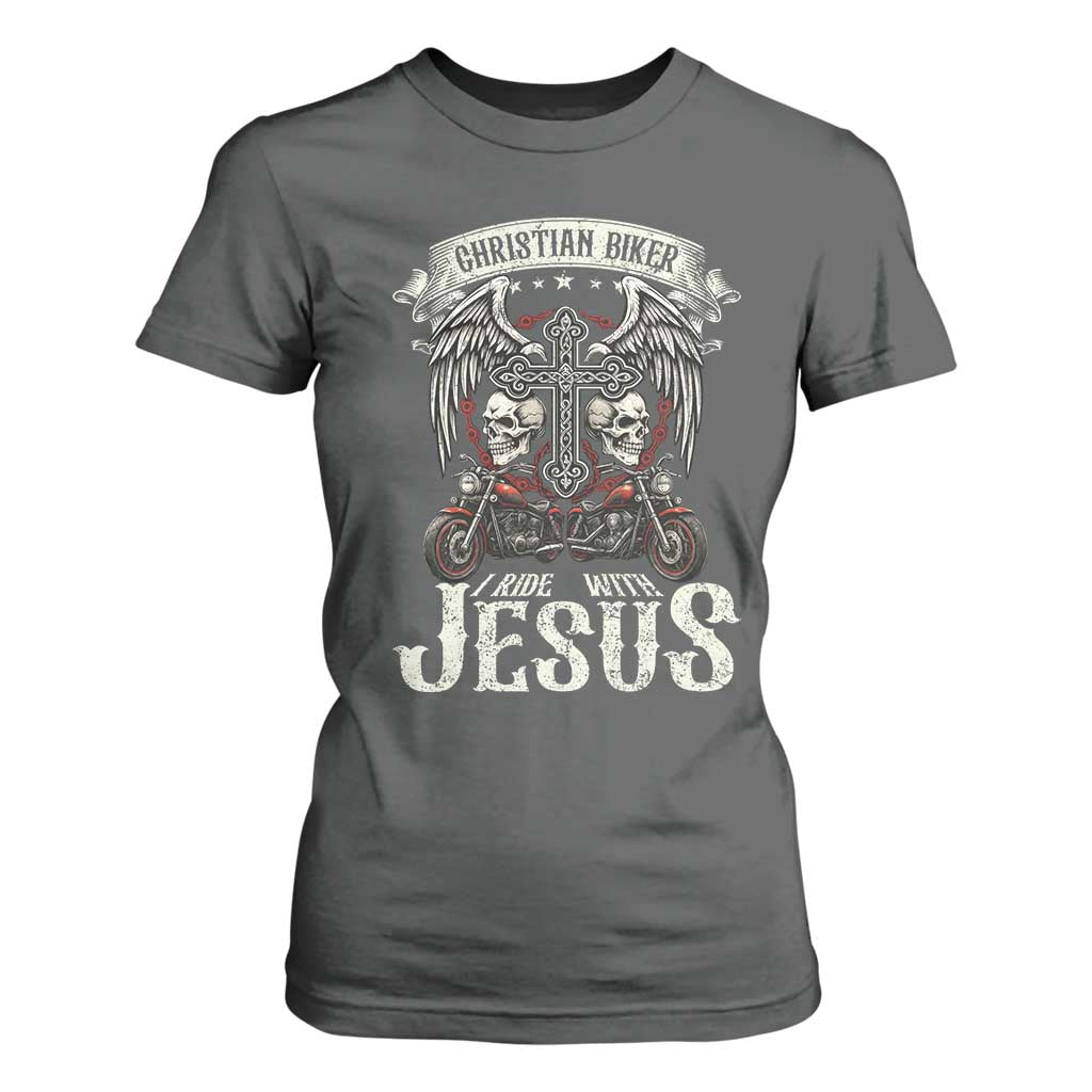 Christian Biker I Ride With Jesus T Shirt For Women Religious Faith Motorcycle Rider Skull TS11 Dark Heather Print Your Wear