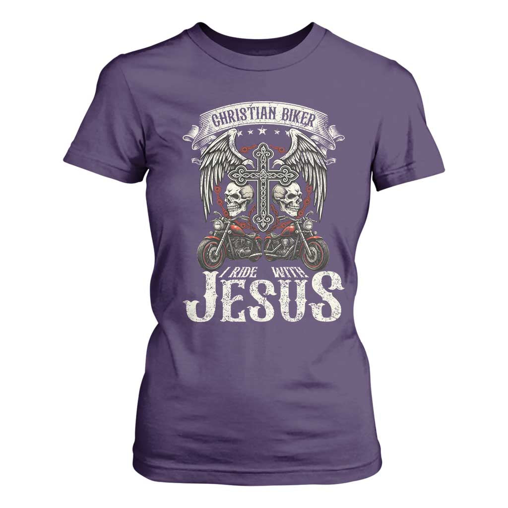 Christian Biker I Ride With Jesus T Shirt For Women Religious Faith Motorcycle Rider Skull TS11 Purple Print Your Wear