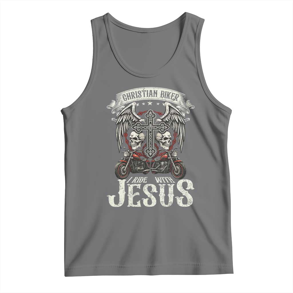 Christian Biker I Ride With Jesus Tank Top Religious Faith Motorcycle Rider Skull TS11 Black Heather Print Your Wear