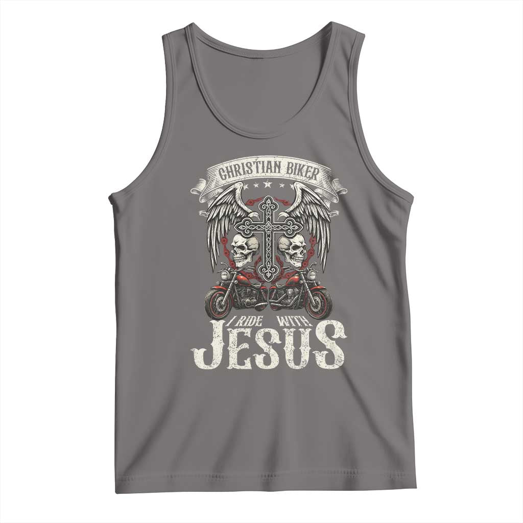 Christian Biker I Ride With Jesus Tank Top Religious Faith Motorcycle Rider Skull TS11 Deep Heather Print Your Wear