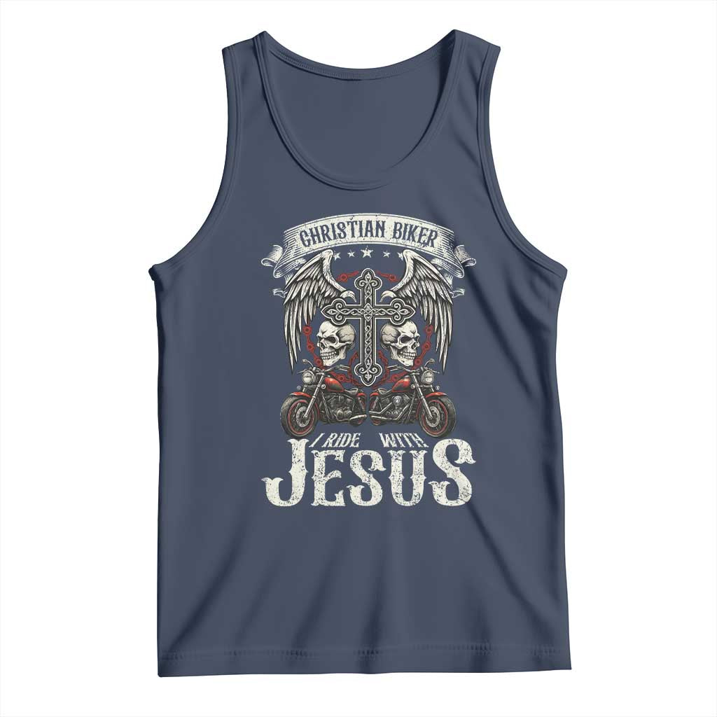 Christian Biker I Ride With Jesus Tank Top Religious Faith Motorcycle Rider Skull TS11 Navy Print Your Wear