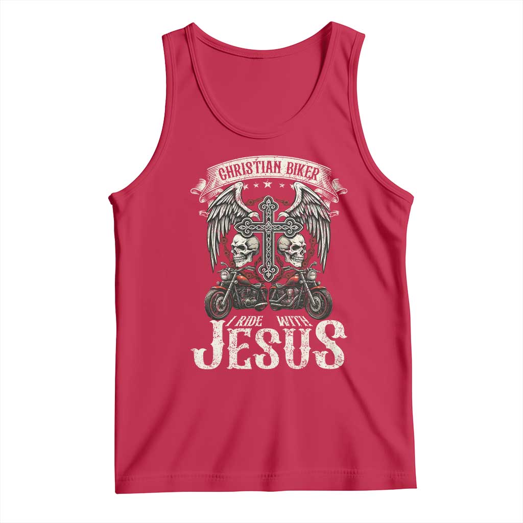 Christian Biker I Ride With Jesus Tank Top Religious Faith Motorcycle Rider Skull TS11 Red Print Your Wear