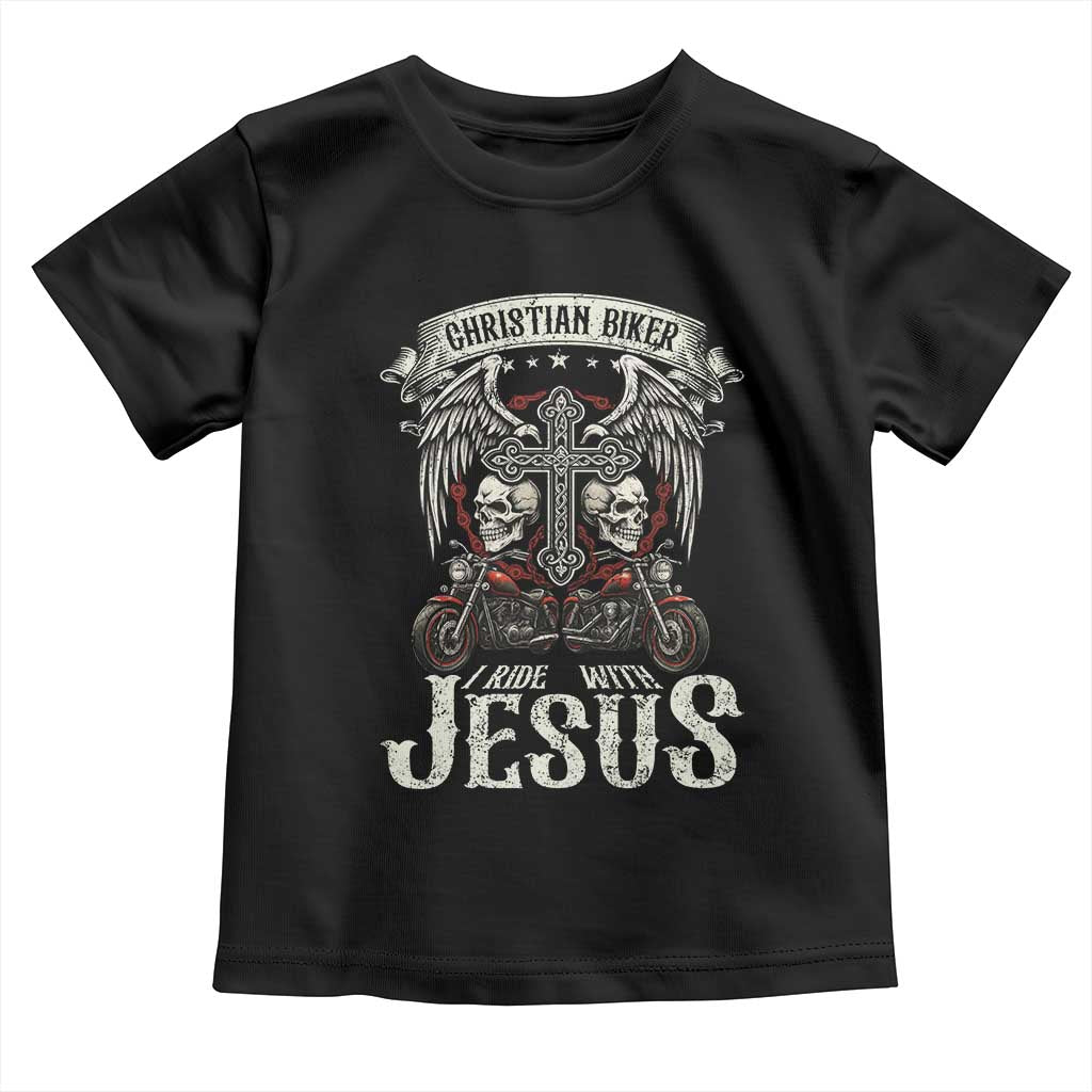 Christian Biker I Ride With Jesus Toddler T Shirt Religious Faith Motorcycle Rider Skull TS11 Black Print Your Wear