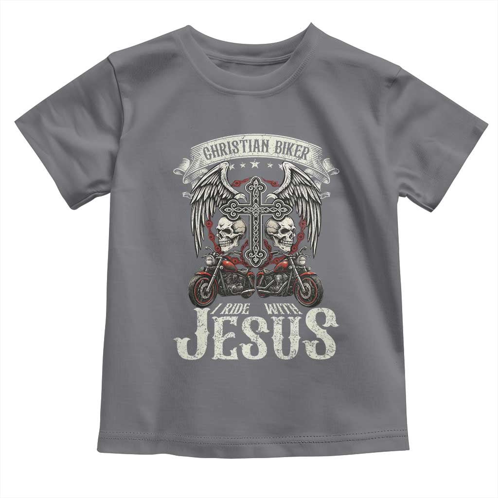 Christian Biker I Ride With Jesus Toddler T Shirt Religious Faith Motorcycle Rider Skull TS11 Charcoal Print Your Wear
