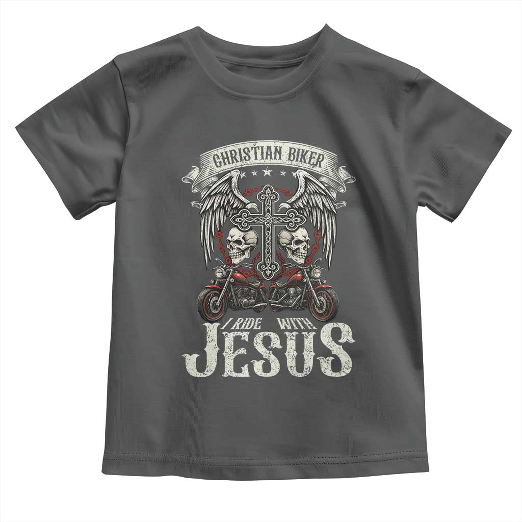 Christian Biker I Ride With Jesus Toddler T Shirt Religious Faith Motorcycle Rider Skull TS11 Dark Heather Print Your Wear