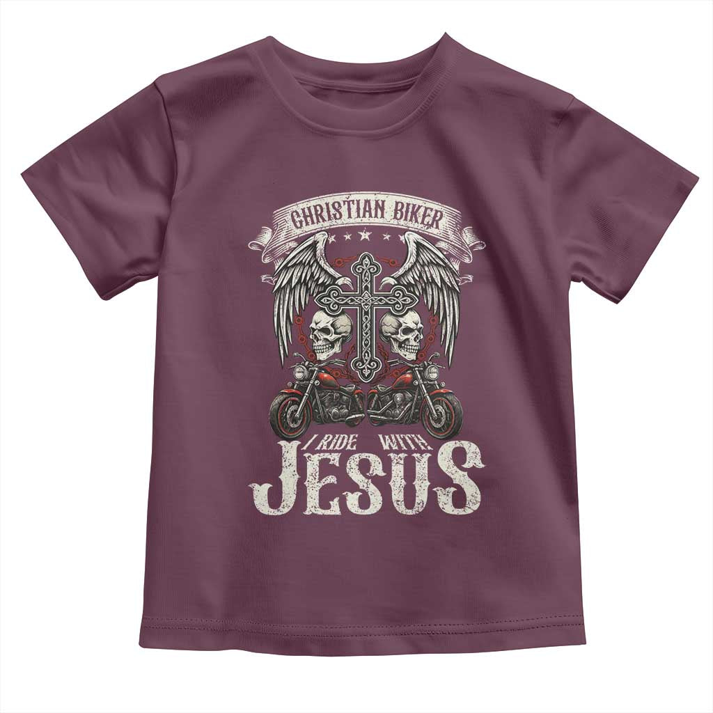 Christian Biker I Ride With Jesus Toddler T Shirt Religious Faith Motorcycle Rider Skull TS11 Maroon Print Your Wear