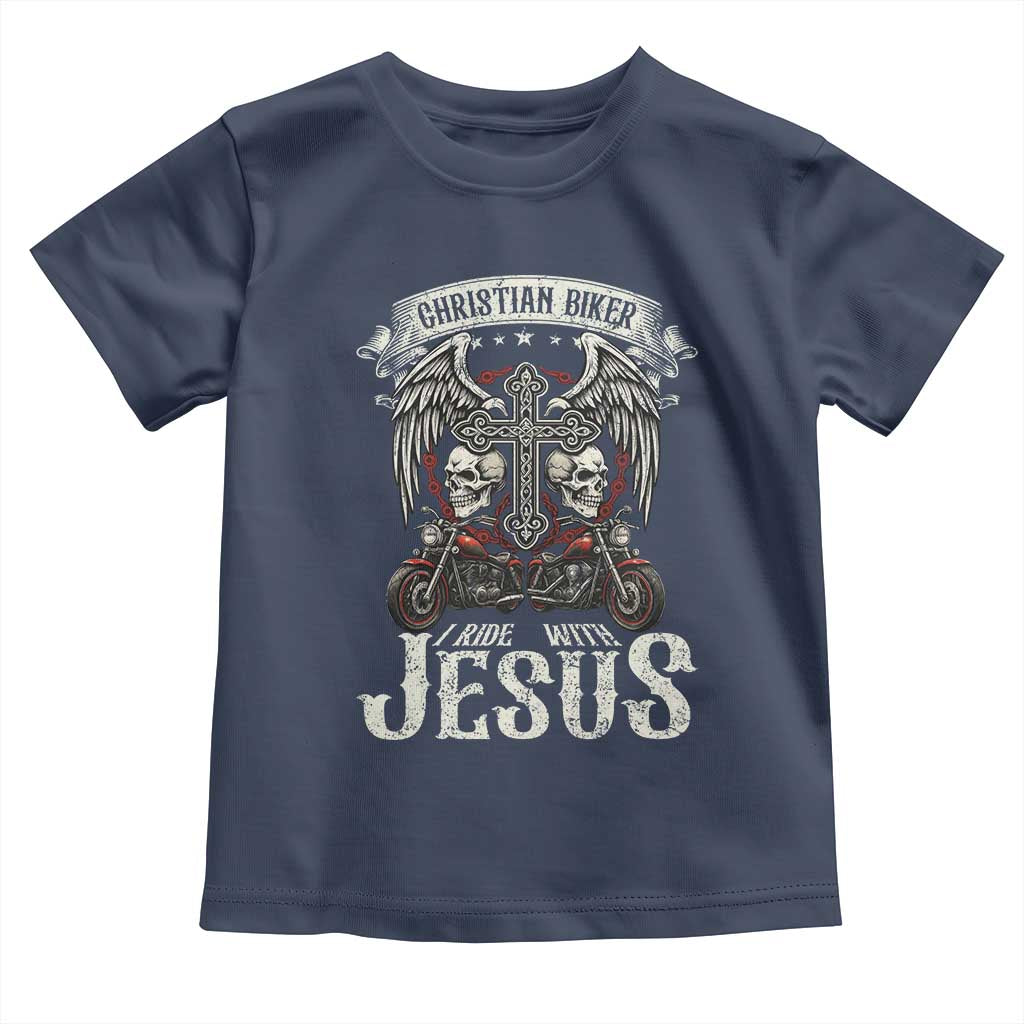 Christian Biker I Ride With Jesus Toddler T Shirt Religious Faith Motorcycle Rider Skull TS11 Navy Print Your Wear