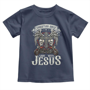 Christian Biker I Ride With Jesus Toddler T Shirt Religious Faith Motorcycle Rider Skull TS11 Navy Print Your Wear