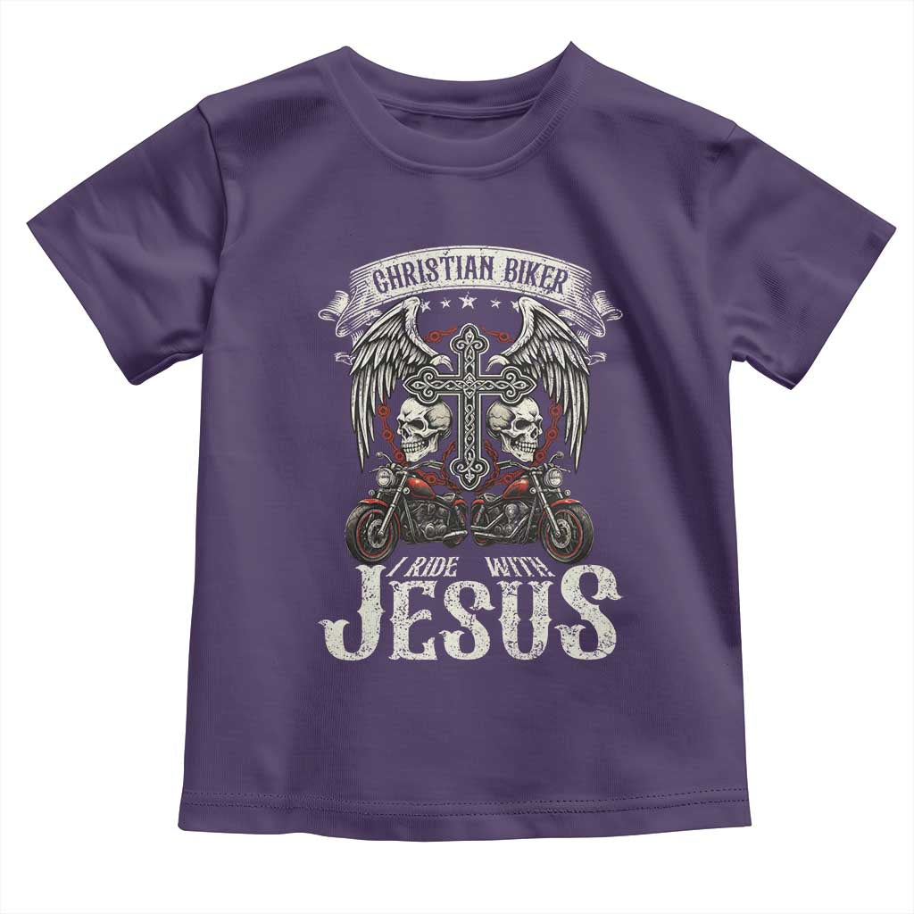 Christian Biker I Ride With Jesus Toddler T Shirt Religious Faith Motorcycle Rider Skull TS11 Purple Print Your Wear