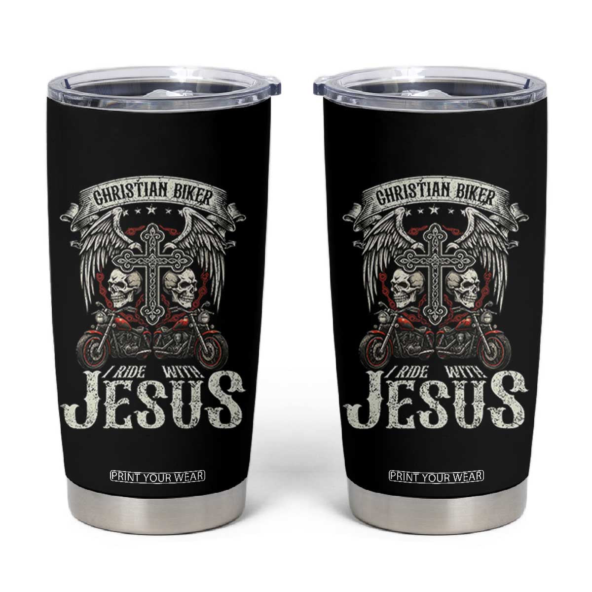 Christian Biker I Ride With Jesus Tumbler Cup Religious Faith Motorcycle Rider Skull TS11 Black Print Your Wear