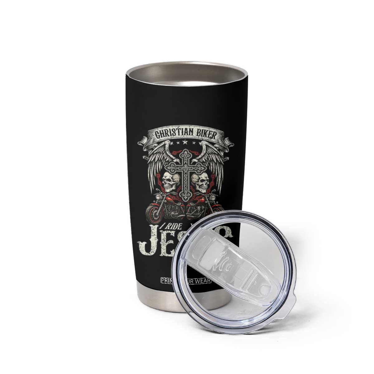 Christian Biker I Ride With Jesus Tumbler Cup Religious Faith Motorcycle Rider Skull TS11 Print Your Wear