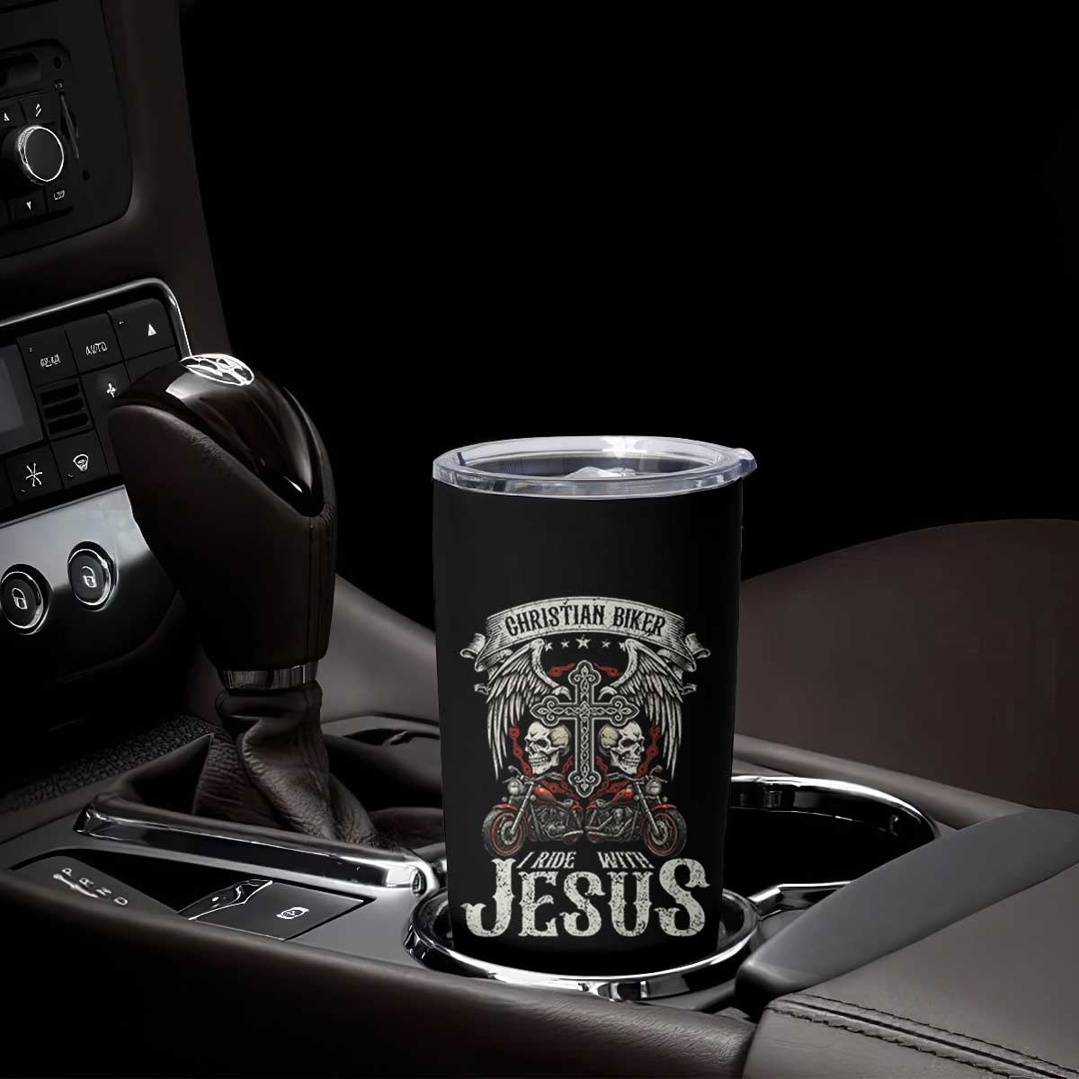 Christian Biker I Ride With Jesus Tumbler Cup Religious Faith Motorcycle Rider Skull TS11 Print Your Wear