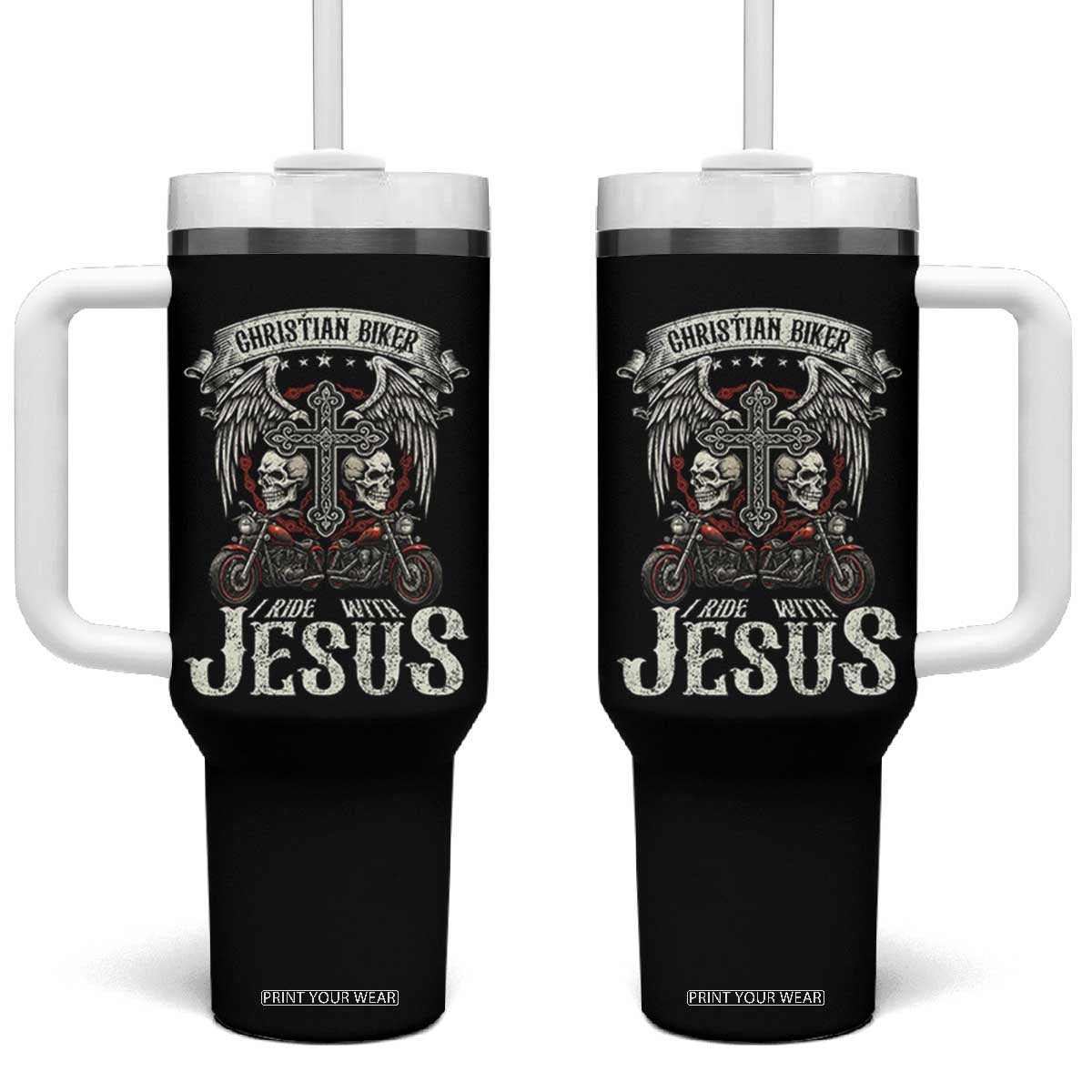 Christian Biker I Ride With Jesus Tumbler With Handle Religious Faith Motorcycle Rider Skull TS11 One Size: 40 oz Black Print Your Wear
