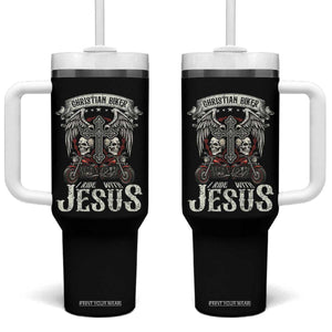 Christian Biker I Ride With Jesus Tumbler With Handle Religious Faith Motorcycle Rider Skull TS11 One Size: 40 oz Black Print Your Wear