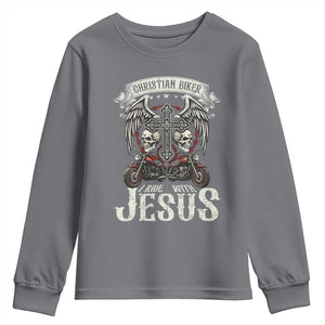 Christian Biker I Ride With Jesus Youth Sweatshirt Religious Faith Motorcycle Rider Skull TS11 Charcoal Print Your Wear