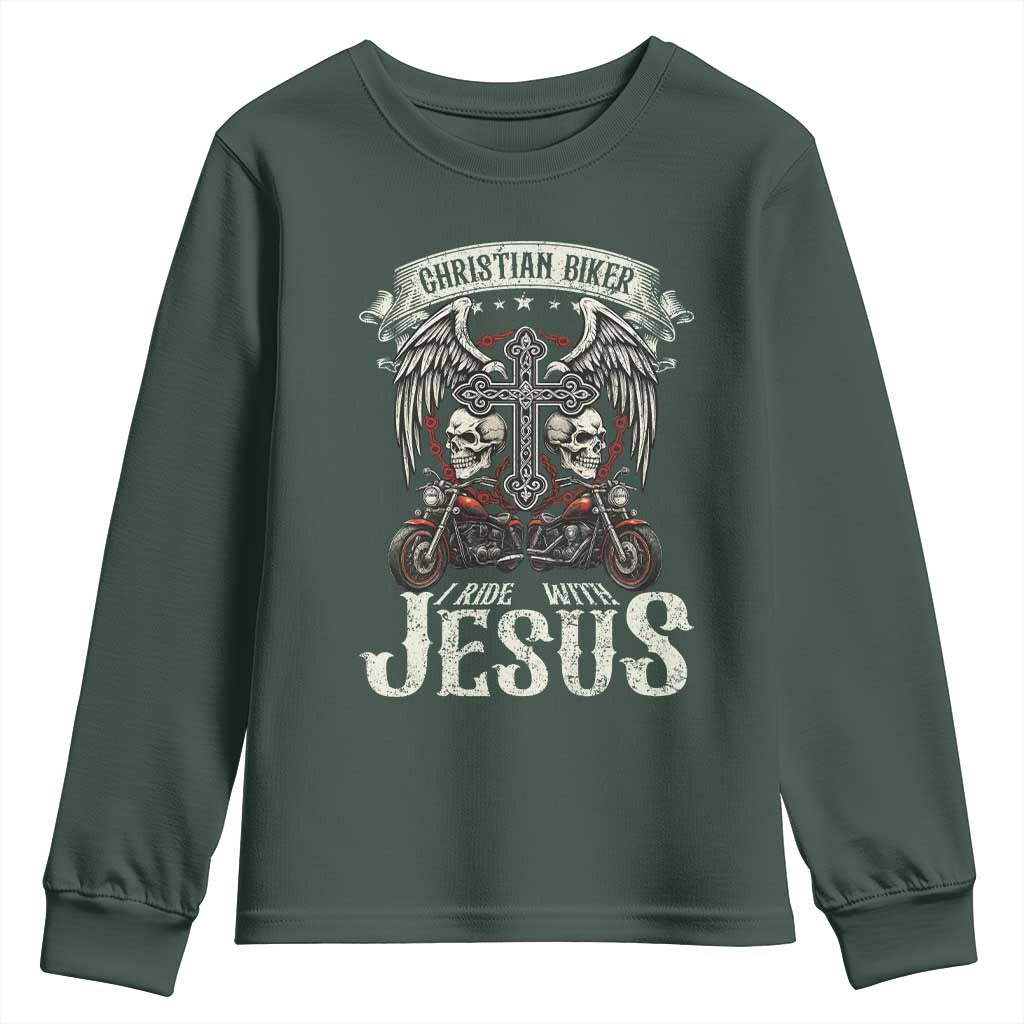 Christian Biker I Ride With Jesus Youth Sweatshirt Religious Faith Motorcycle Rider Skull TS11 Dark Forest Green Print Your Wear