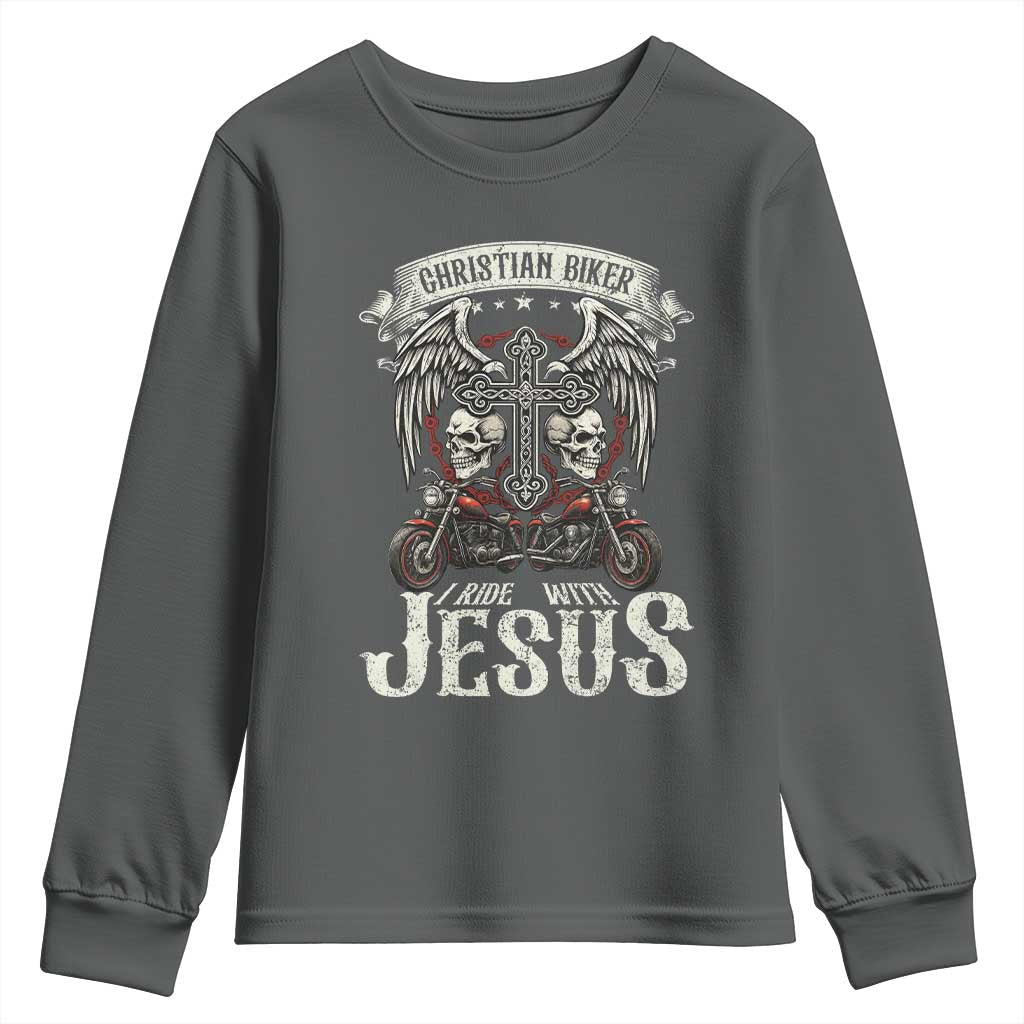 Christian Biker I Ride With Jesus Youth Sweatshirt Religious Faith Motorcycle Rider Skull TS11 Dark Heather Print Your Wear