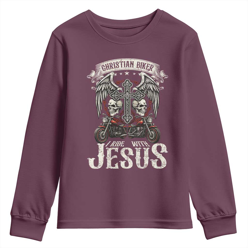 Christian Biker I Ride With Jesus Youth Sweatshirt Religious Faith Motorcycle Rider Skull TS11 Maroon Print Your Wear