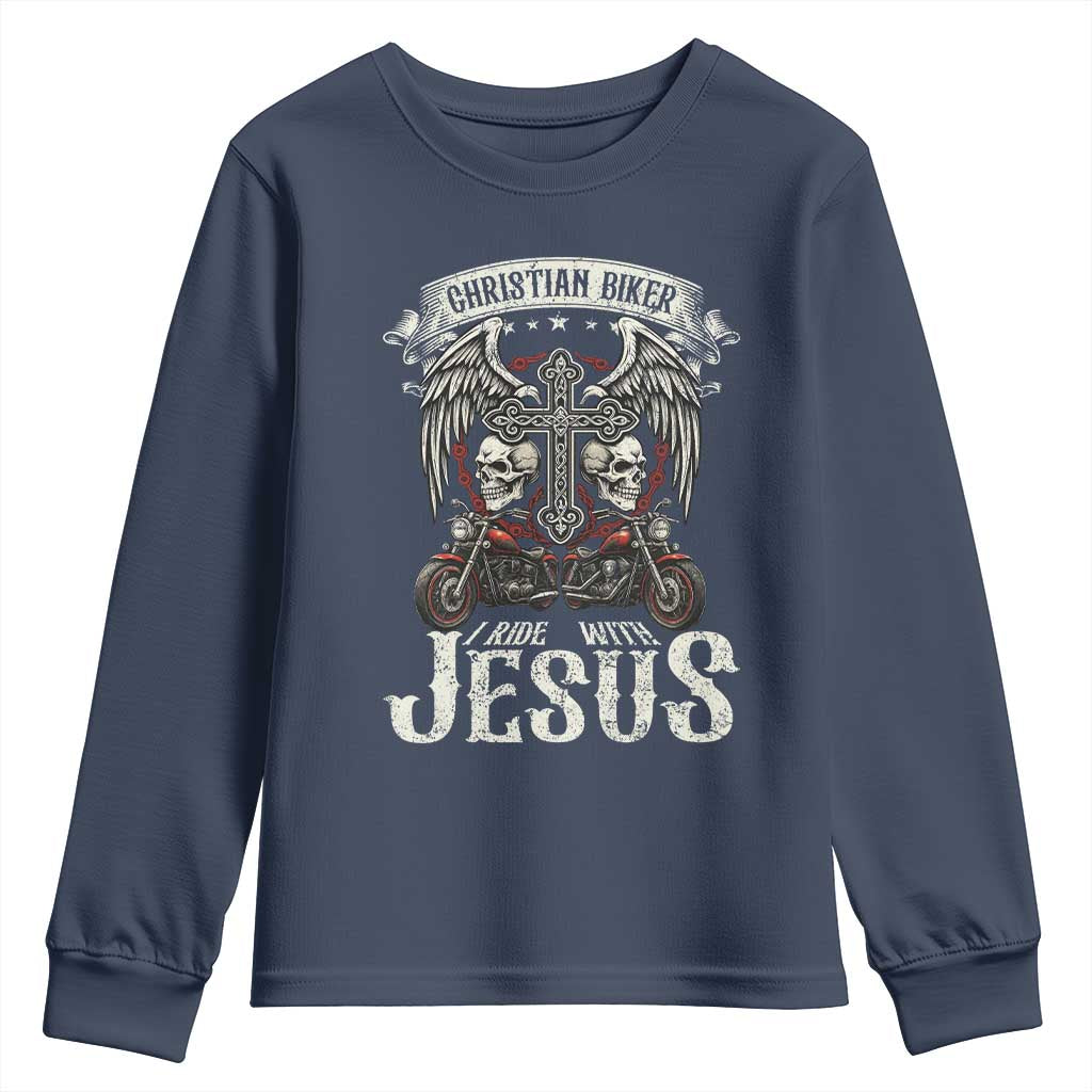Christian Biker I Ride With Jesus Youth Sweatshirt Religious Faith Motorcycle Rider Skull TS11 Navy Print Your Wear