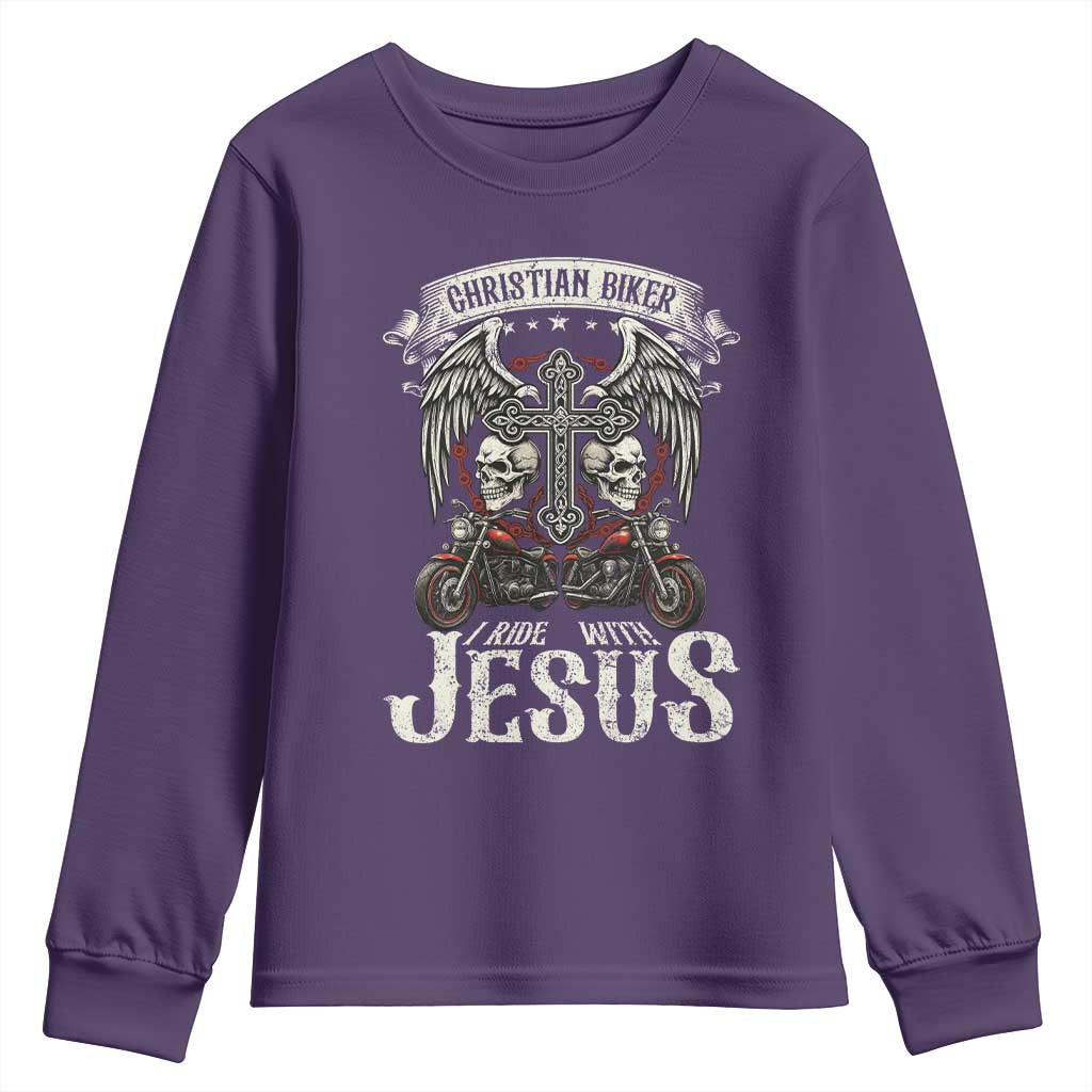 Christian Biker I Ride With Jesus Youth Sweatshirt Religious Faith Motorcycle Rider Skull TS11 Purple Print Your Wear