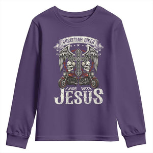 Christian Biker I Ride With Jesus Youth Sweatshirt Religious Faith Motorcycle Rider Skull TS11 Purple Print Your Wear