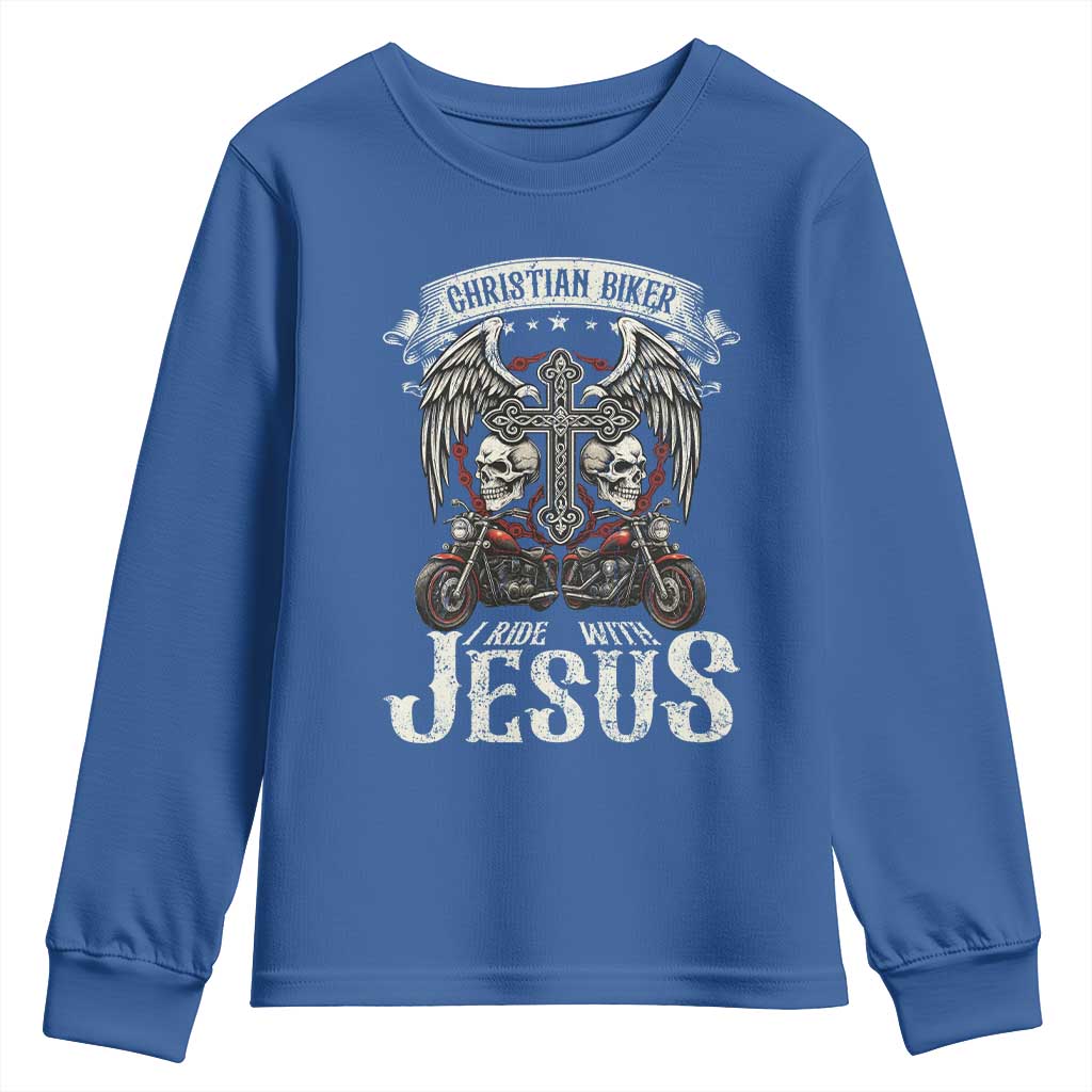 Christian Biker I Ride With Jesus Youth Sweatshirt Religious Faith Motorcycle Rider Skull TS11 Royal Blue Print Your Wear