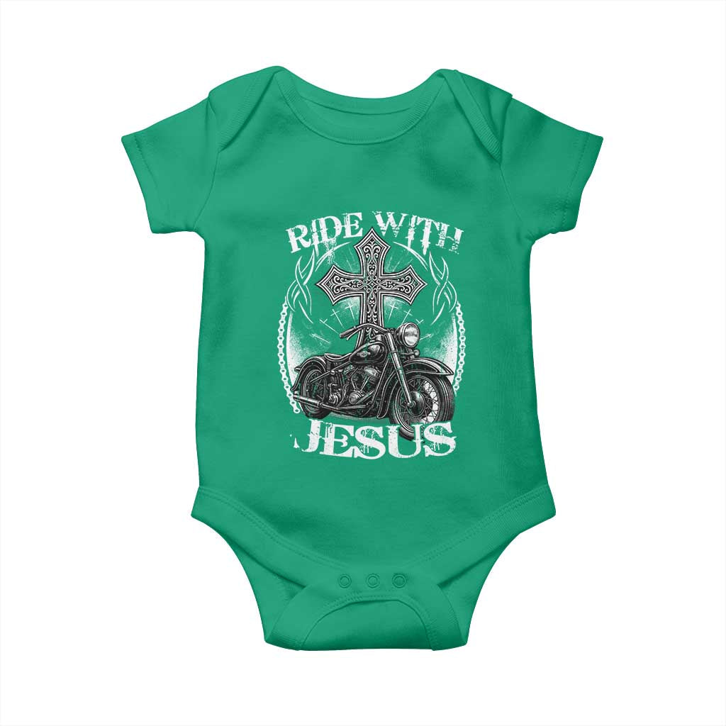 Christian Biker Baby Onesie Ride With Jesus Religious Faith Motorcycle Rider TS11 Irish Green Print Your Wear