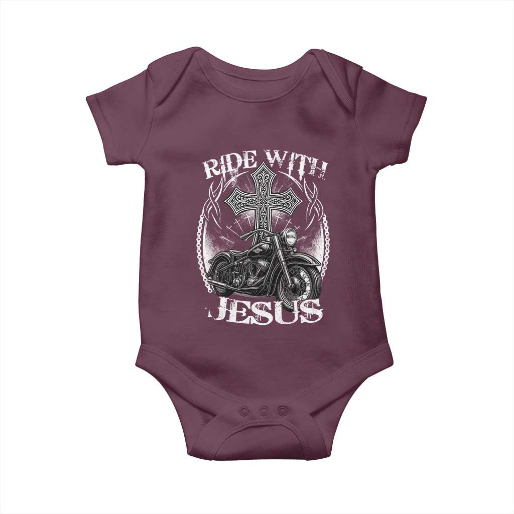 Christian Biker Baby Onesie Ride With Jesus Religious Faith Motorcycle Rider TS11 Maroon Print Your Wear