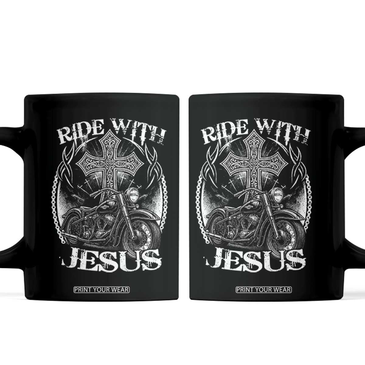Christian Biker Coffee Mug Ride With Jesus Religious Faith Motorcycle Rider TS11 Black Print Your Wear