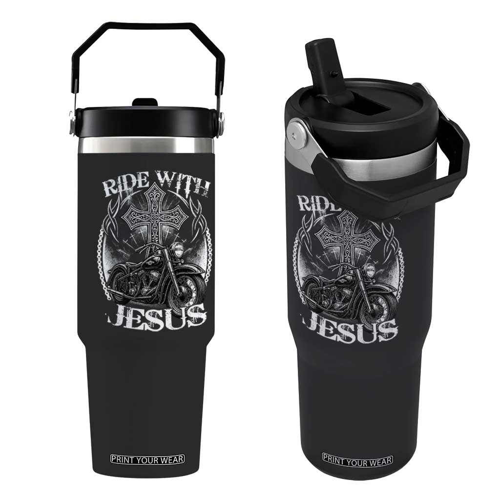 Christian Biker Flip Straw Tumbler Ride With Jesus Religious Faith Motorcycle Rider TS11 One Size: 30 oz Black Print Your Wear