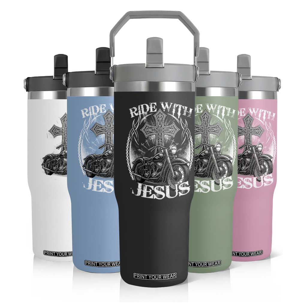 Christian Biker Flip Straw Tumbler Ride With Jesus Religious Faith Motorcycle Rider TS11 Print Your Wear