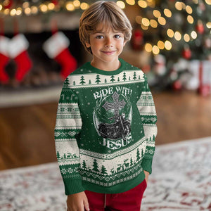 Christian Biker Ugly Christmas Sweater Ride With Jesus Religious Faith Motorcycle Rider TS11 Forest Green Beige Print Your Wear