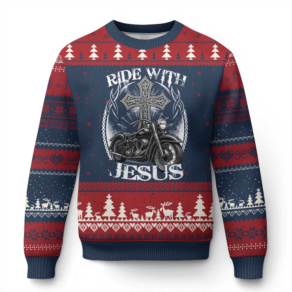 Christian Biker Ugly Christmas Sweater Ride With Jesus Religious Faith Motorcycle Rider TS11 Navy Red Print Your Wear
