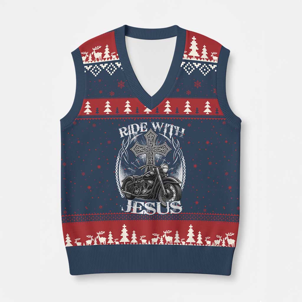 Christian Biker V-Neck Knit Sweater Vest Ride With Jesus Religious Faith Motorcycle Rider TS11 Navy Red Print Your Wear