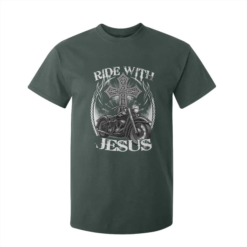 Christian Biker T Shirt For Kid Ride With Jesus Religious Faith Motorcycle Rider TS11 Dark Forest Green Print Your Wear