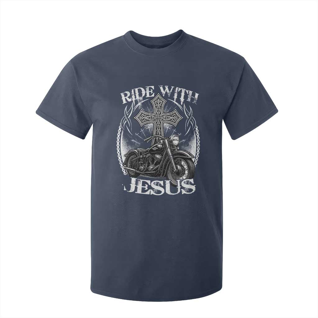 Christian Biker T Shirt For Kid Ride With Jesus Religious Faith Motorcycle Rider TS11 Navy Print Your Wear