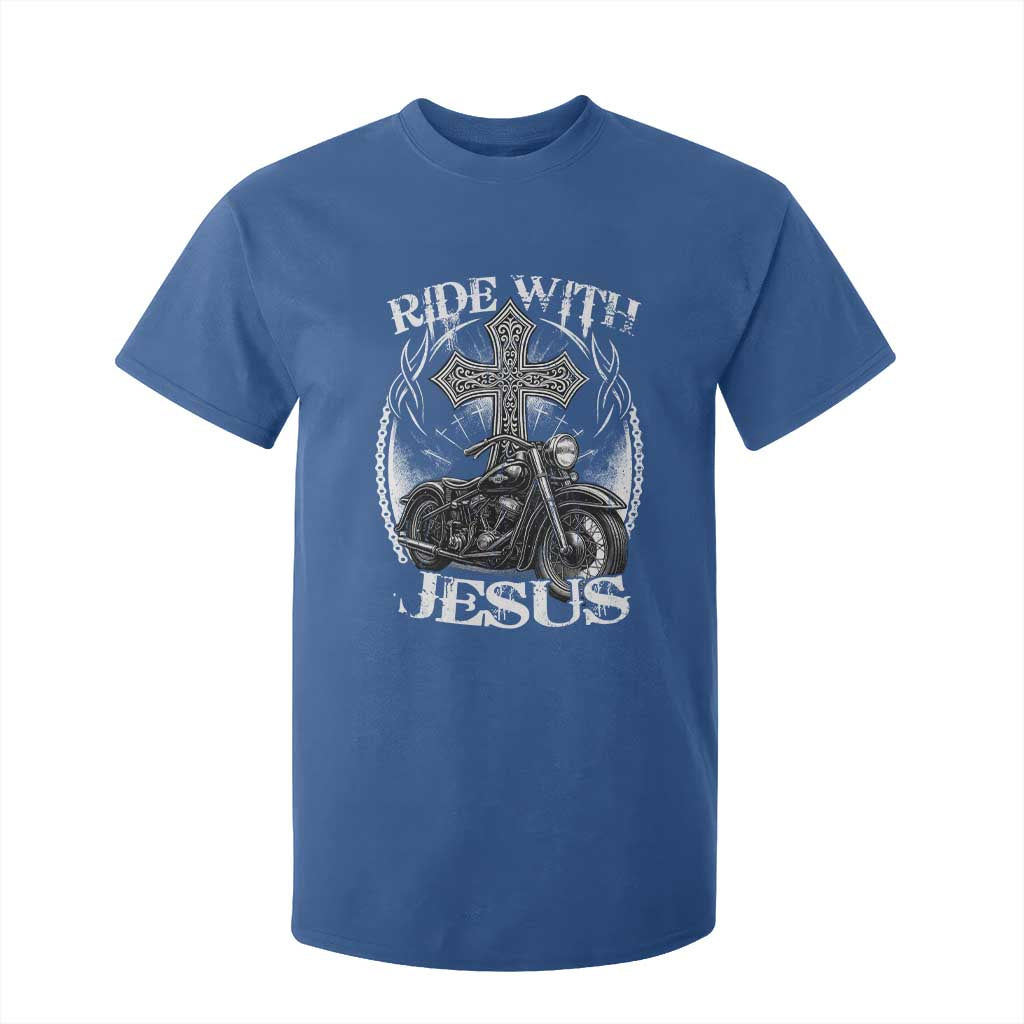 Christian Biker T Shirt For Kid Ride With Jesus Religious Faith Motorcycle Rider TS11 Royal Blue Print Your Wear
