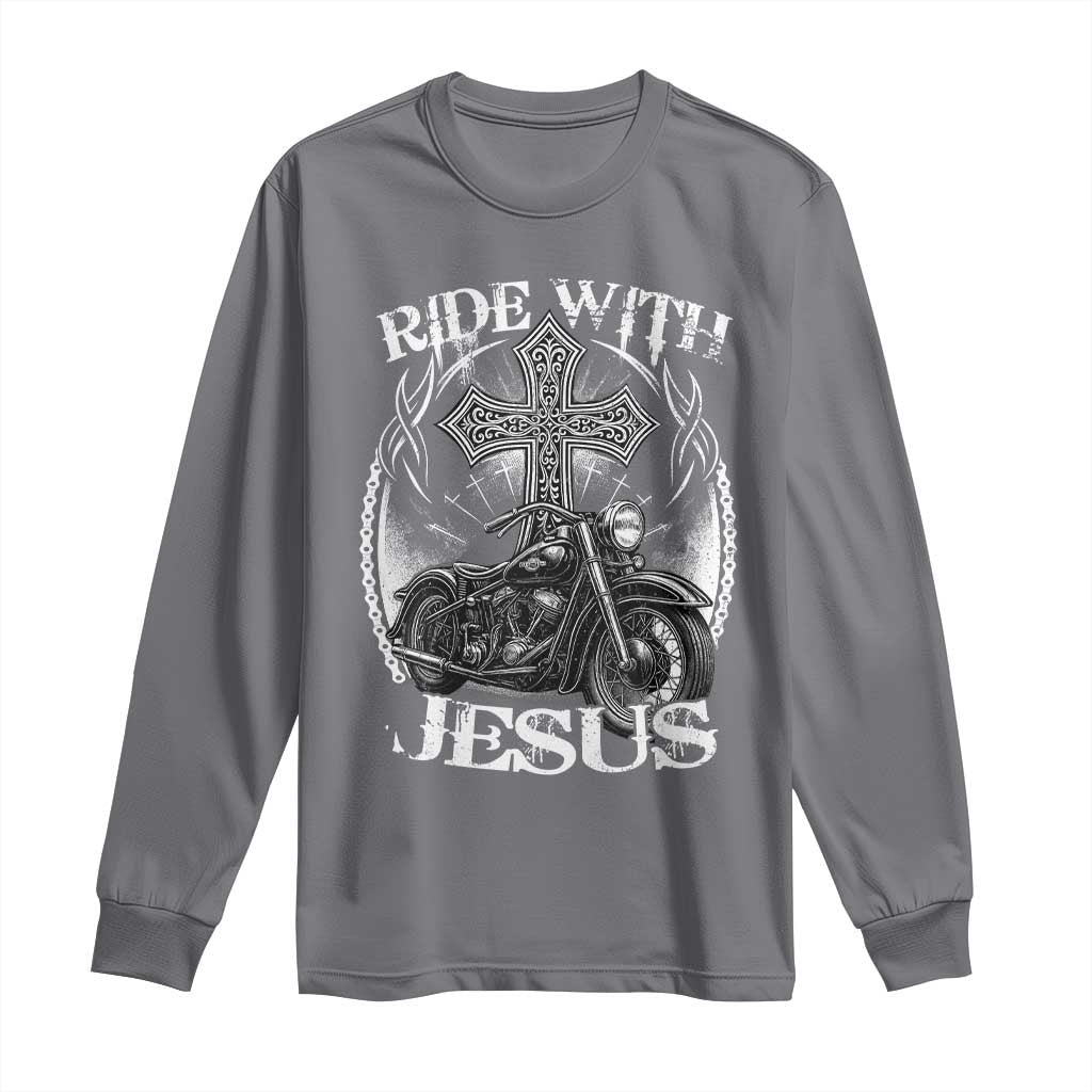 Christian Biker Long Sleeve Shirt Ride With Jesus Religious Faith Motorcycle Rider TS11 Charcoal Print Your Wear
